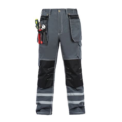 Men Working Pants Reflective Strip Multi pockets Work Trousers With Knee Pads Wear resistance ...