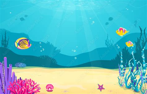 Underwater cartoon background with fish, sand, seaweed, pearl, jellyfish, coral, starfish. Ocean ...