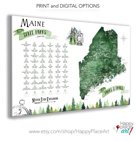 Maine State Park Map Gift, Maine Hiking Map, State Park Checklist for Maine, ME State print, New ...