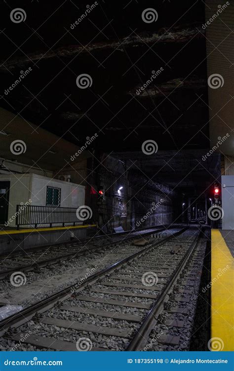 Empty Underground Train Tunnel. Dark Subway Station Editorial Stock Photo - Image of perspective ...