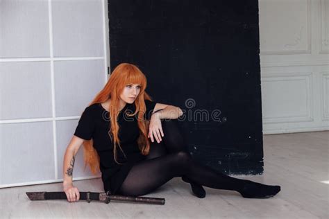 Fashionable Woman with Red Hair Anime Japan Sword Stock Image - Image of black, adult: 163060441