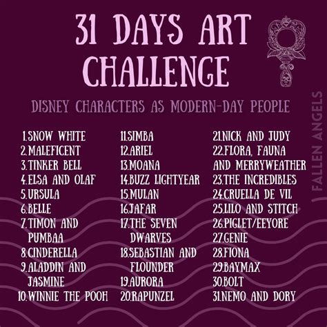 Disney Art Prompts/Challenge | Art journal challenge, 30 day drawing ...