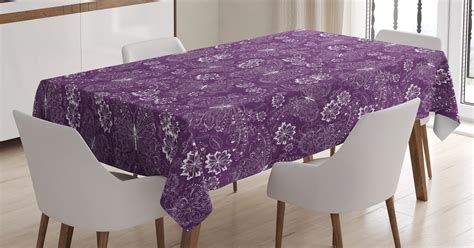 Purple Tablecloth, Floral Pattern with Vintage White Butterflies and Flowers on Violet ...