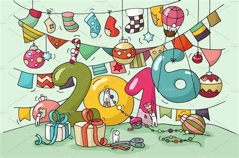 Cartoon 2016 Happy New Year Eve card | Illustrator Graphics ~ Creative Market