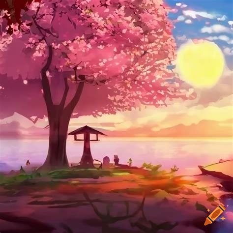 Anime world with sakura and tree on background with tree and torii on the middle light of sun go ...