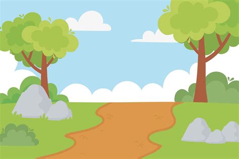 landscape rural path trees bushes stones and sky cartoon 2674894 Vector ...