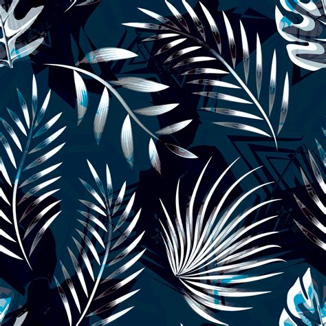 abstract blue palm leaves and foliage seamless pattern on dark ...