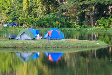 Camping Tent on a Lake with Reflections Stock Photo - Image of ...