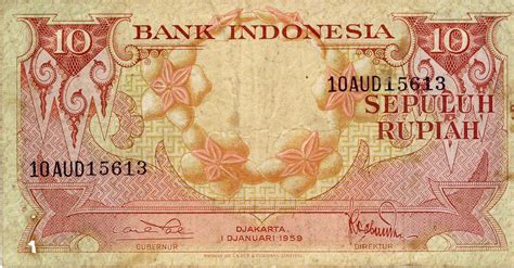 Uang kertas kuno Indonesia nominal Rp. 10,- (sepuluh rupiah) keluaran tanggal 1 Djanuari 1959