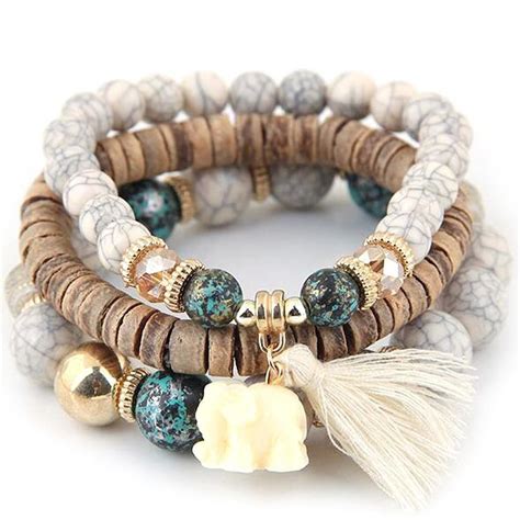 Best Women Wood Beads Bracelets Fashion Boho Small Elephant Charm Lady Bracelets Set Vintage ...