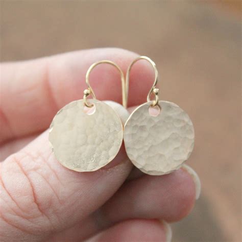 Gold Hammered Earrings - Full Circle Earrings, Dangle Round Discs | 2 Sisters Handcrafted