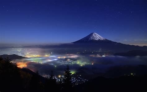 Wallpaper : Japan, trees, landscape, lights, mountains, Mount Fuji, cityscape, nature, sky ...