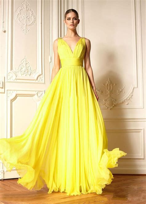 2015 Evening Dress Fashion Bright Yellow Prom Dress V Neck High Quality ...