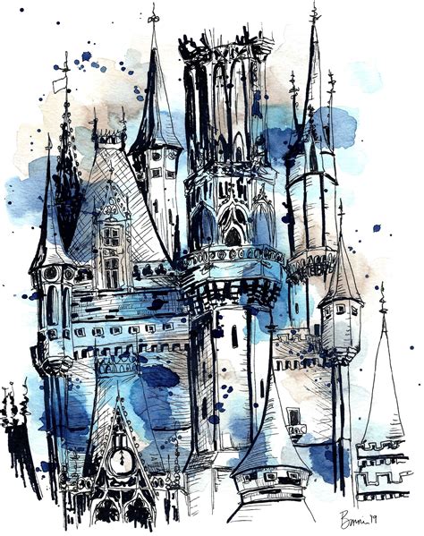 Disney castle, castle wall art, fun castle art, princess castle artwork. Lovely, hand-drawn ...