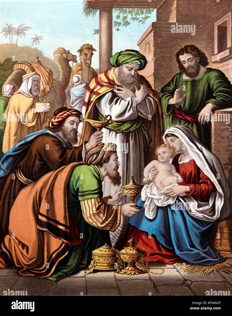 Painting Of The Nativity Three Wise Men Bearing Gifts For Baby Jesus Stock Photo - Alamy