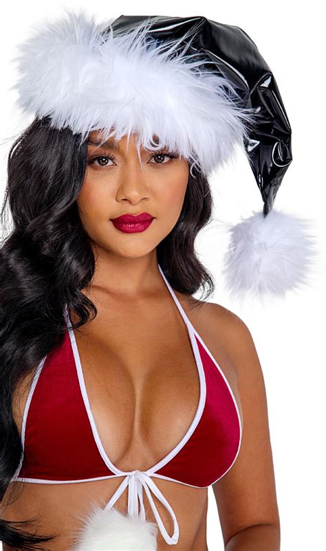 Black Vinyl Santa Hat White Faux Fur Trim