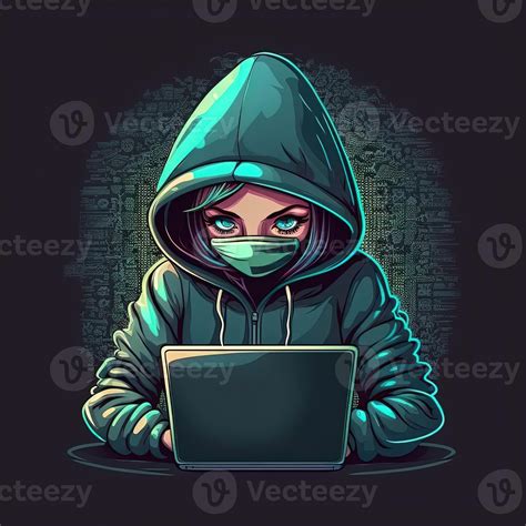 Cute girl hacker with laptop. Avatar in cartoon style. Balck backdrop ...