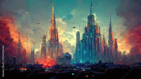 Futuristic Scifi Industry Future City Sky Buildings. Fantasy Backdrop Concept Art Realistic ...