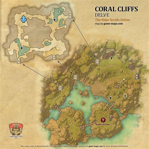 ESO Coral Cliffs Delve Map with Skyshard and Boss location in High Isle & Amenos