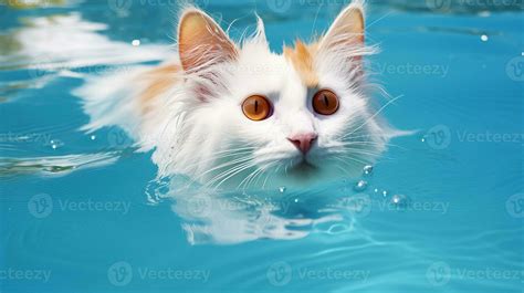 Turkish Van cat gracefully swimming in a pool, its distinct color ...