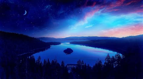 Download Night Purple Starry Sky Blue Sky Winter Tree Artistic Lake HD Wallpaper by Gene Raz von ...