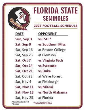 Printable 2023 Florida State Seminoles Football Schedule