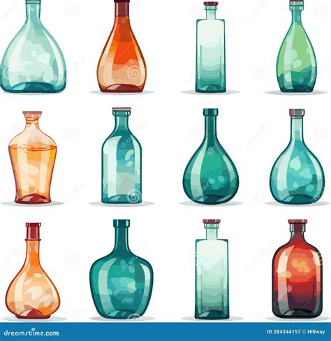 Set of Glass Bottles of Various Shapes and Colors Isolated on White ...