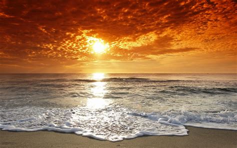 Beach Sunset Landscape, Beautiful Red Rays Of Sunset Image, #21572