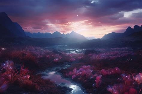 Premium Photo | A beautiful landscape with pink flowers and mountains in the background