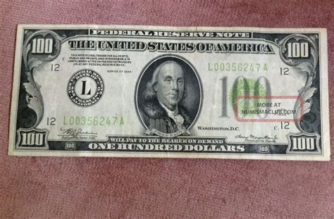 Series 1934 U. S. Federal Reserve Note $100 Bill Of S. F. , Ca