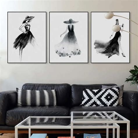 Black White Fashion Model Chinese ink painting Modern Large Canvas Art ...