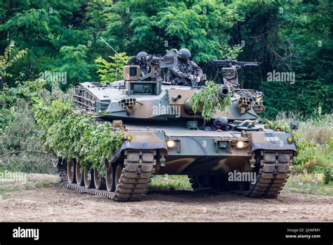 June 18, 2020-Paju, South Korea-South Korean k1a1 tank camouflage with take part in an drill ...