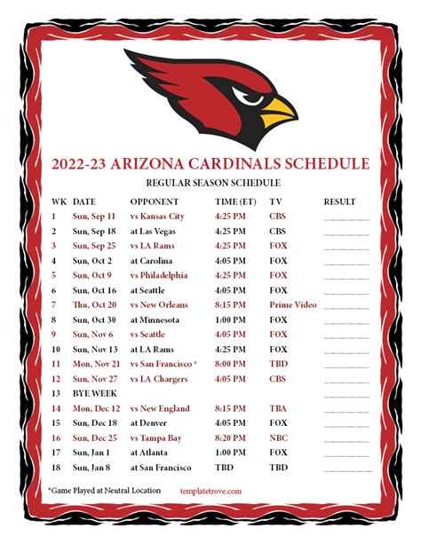 Printable 2022-2023 Arizona Cardinals Schedule