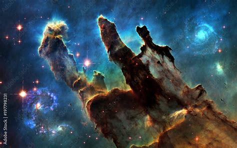 Deep space. Pillars of Creation and galaxies. Image in 5K resolution for desktop wallpaper ...