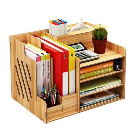 Wooden Desktop Organizer Light Weight Office Supplies Books Holder Paper Extraction Storage Box ...