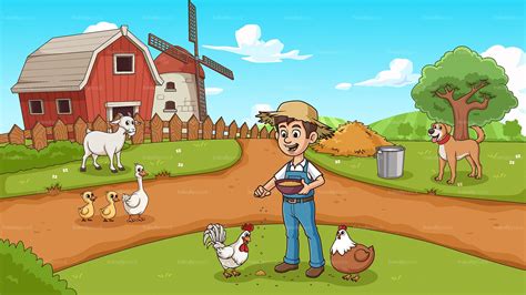 Farmer Feeding Farm Animals Cartoon Illustration - FriendlyStock