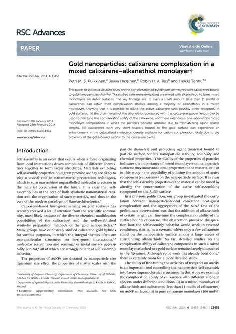 (PDF) Gold nanoparticles: Calixarene complexation in a mixed calixarene- alkanethiol monolayer