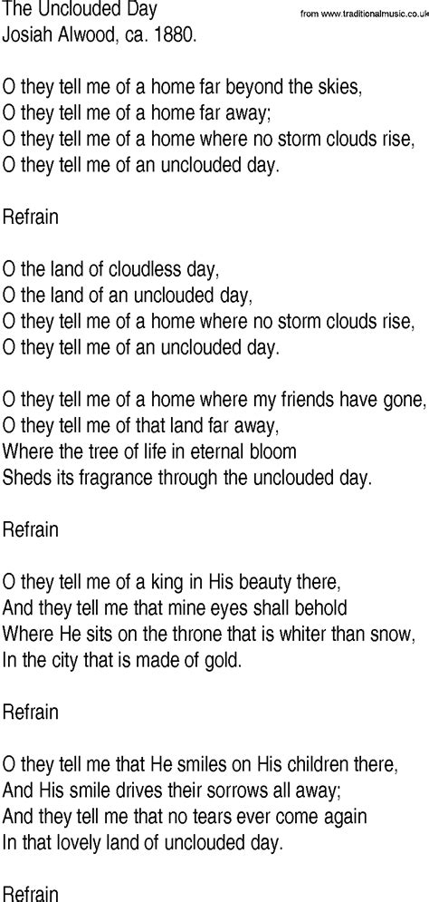 Hymn and Gospel Song Lyrics for The Unclouded Day by Josiah Alwood ca