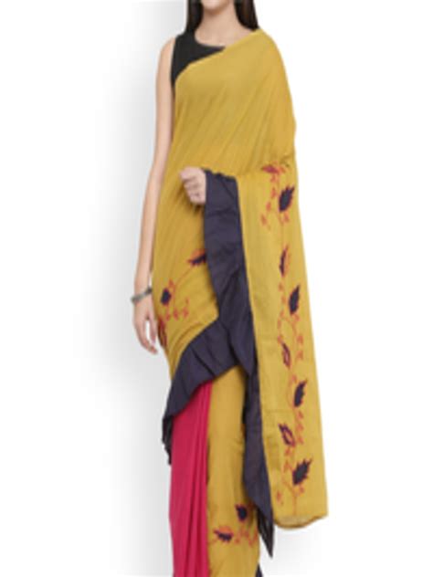 Buy Rustorange Mustard & Pink Embroidered Saree - Sarees for Women 6610107 | Myntra