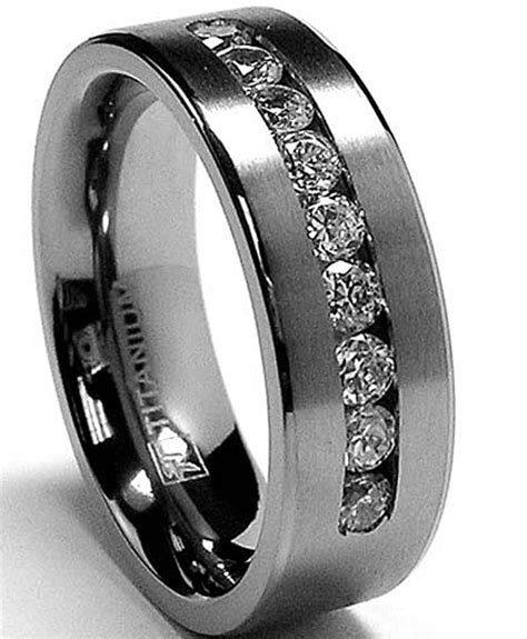 8 MM Men's Titanium ring wedding band with 9 large Channel Set Cubic ...