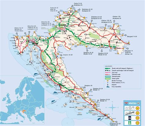 Detailed map of roads in Croatia with border crossings