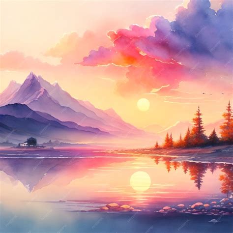 Premium AI Image | watercolor landscape scenery with sunset