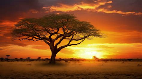 Sunset on African plains with acacia tree Kalahari desert South Africa. silhouette concept ...