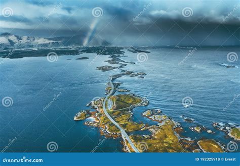 Atlantic Road in Norway Aerial View Landscape Storm Clouds Weather with Rainbow Stock Photo ...