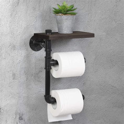 Double Toilet Paper Holder - Vintage Toilet Paper Roll Holder Wall-Mounted Wooden Shelf, Iron ...