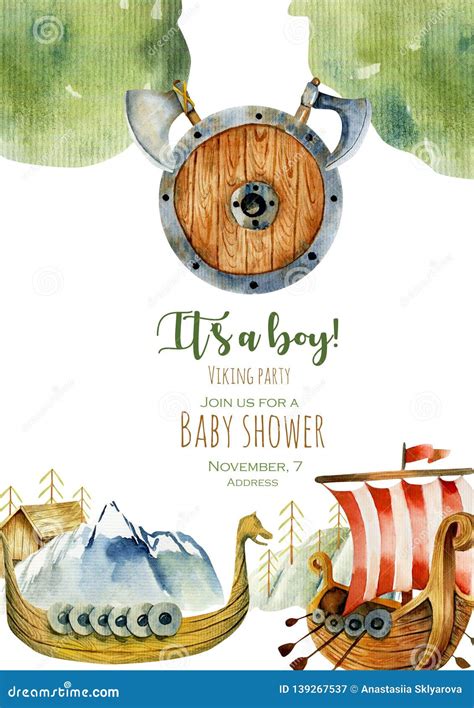 Baby Shower Invitation Card with Watercolor Elements of Viking Culture Stock Illustration ...