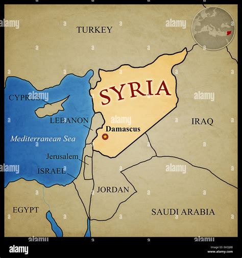 Syria map and bordering countries with capital Damascus marked. With location in the middle east ...