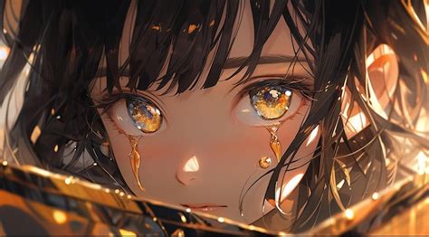 Premium Photo | Anime girl with teary eyes staring at camera with golden tear generative ai