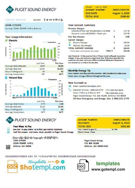 USA Washington Puget Sound Energy utility bill template in Word and PDF ...