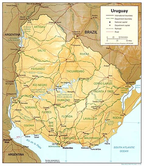 Large detailed relief and political map of Uruguay with roads and cities. Uruguay large detailed ...